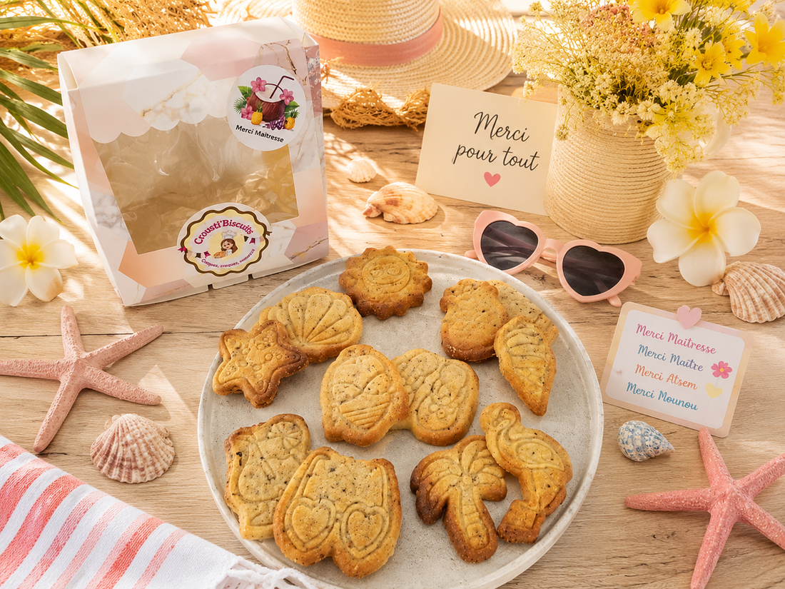 Boîte de biscuits sablés faits maison décorés sur le thème des vacances – cocktail, flamant rose, étoile de mer, tong, bikini, coquillage – Crousti'Biscuits, Schlierbach (68)